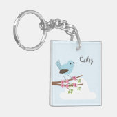 Blauer Vogel im Blüten-Baum Schlüsselanhänger (Vorderseite links)