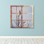 Blauer Vogel im Fenster Leinwanddruck (Insitu (Holzboden))