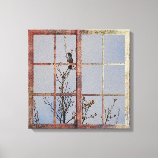 Blauer Vogel im Fenster Leinwanddruck (Vorderseite)
