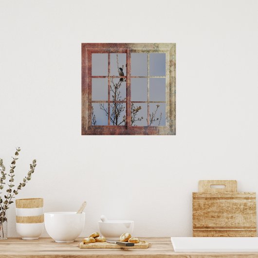 Blauer Vogel im Fenster Poster (Küche)