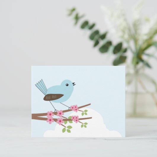 Blauer Vogel in Blossom Tree Postkarte (Stehend Vorderseite)