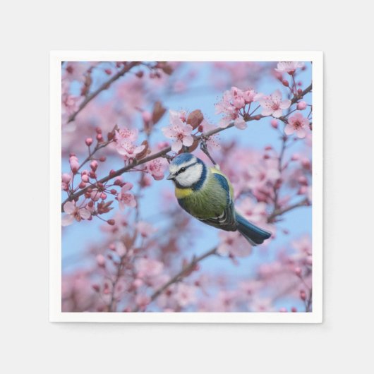 Blauer Vogel in rosafarbenen, japanischen Kirschbl Serviette (Vorderseite)