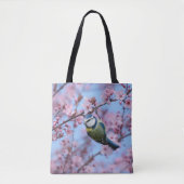Blauer Vogel in rosafarbenen, japanischen Kirschbl Tasche (Vorderseite)