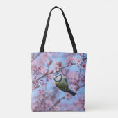 Blauer Vogel in rosafarbenen, japanischen Kirschbl Tasche (Rückseite)
