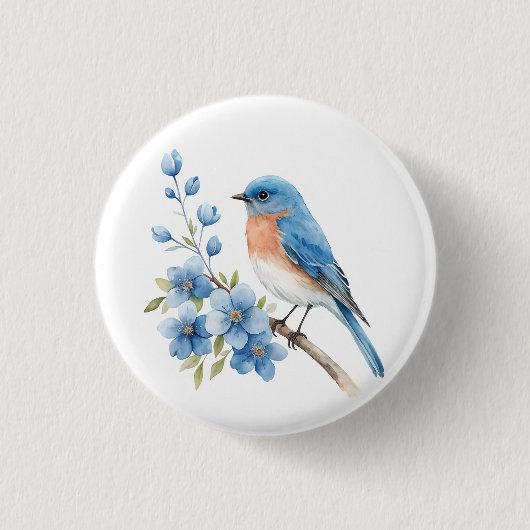 Blauer Vogel mit blauen Blumen Button (Vorderseite)