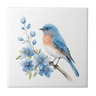 Blauer Vogel mit blauen Blumen Fliese