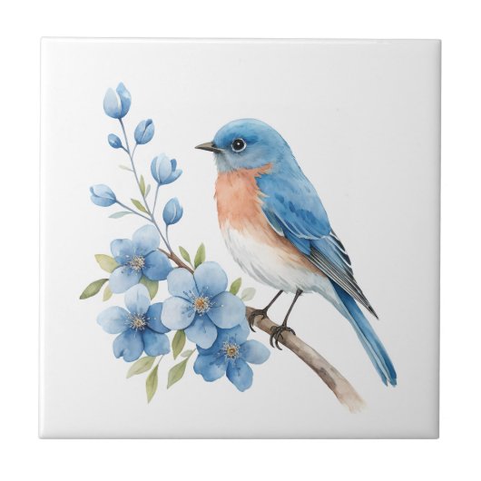 Blauer Vogel mit blauen Blumen Fliese (Vorderseite)