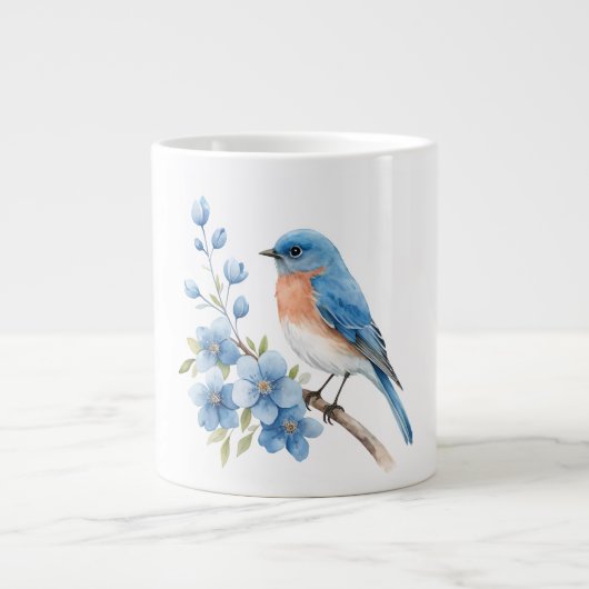 Blauer Vogel mit blauen Blumen Jumbo-Tasse (Vorderseite)