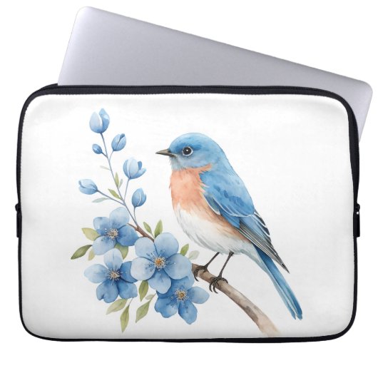 Blauer Vogel mit blauen Blumen Laptopschutzhülle (Vorderseite)