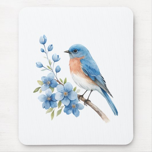 Blauer Vogel mit blauen Blumen Mousepad (Vorne)