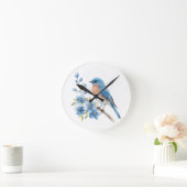 Blauer Vogel mit blauen Blumen Runde Wanduhr (Zuhause)
