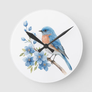 Blauer Vogel mit blauen Blumen Runde Wanduhr