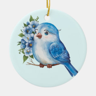 Blauer Vogel mit Blume Keramik Ornament