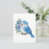 Blauer Vogel mit Blume Postkarte (Stehend Vorderseite)
