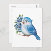 Blauer Vogel mit Blume Postkarte (Vorne/Hinten)