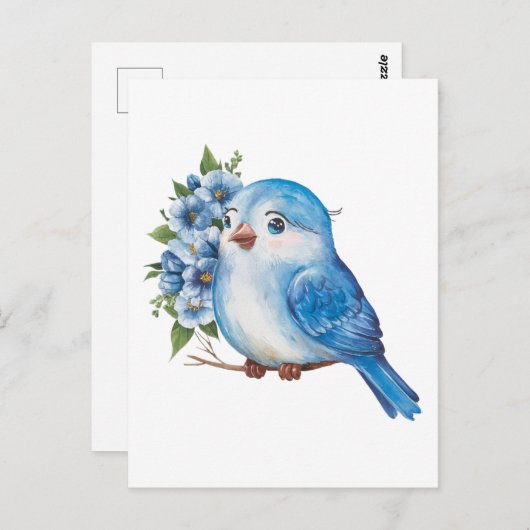 Blauer Vogel mit Blume Postkarte (Vorne/Hinten)