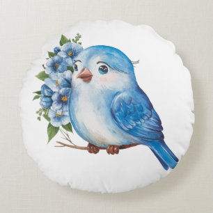 Blauer Vogel mit Blume Rundes Kissen