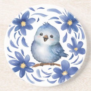 Blauer Vogel mit Blumen Getränkeuntersetzer
