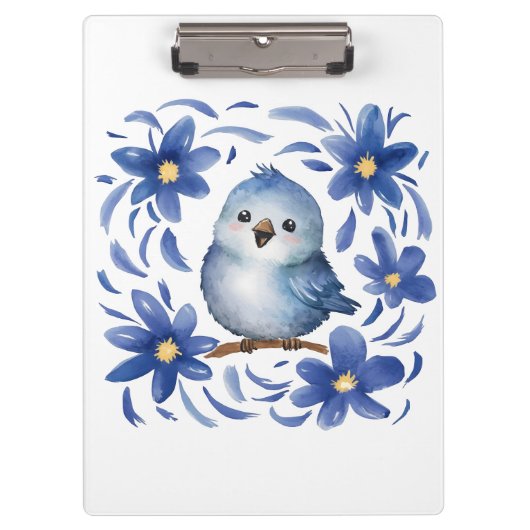 Blauer Vogel mit Blumen Klemmbrett (Vorderseite)
