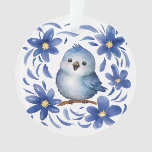 Blauer Vogel mit Blumen Ornament
