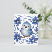 Blauer Vogel mit Blumen Postkarte (Stehend Vorderseite)