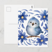 Blauer Vogel mit Blumen Postkarte (Vorne/Hinten)