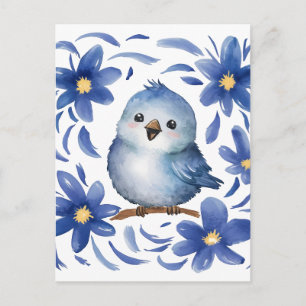 Blauer Vogel mit Blumen Postkarte