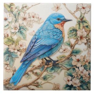 Blauer Vogel mit cremefarbenen Blüten Fliese