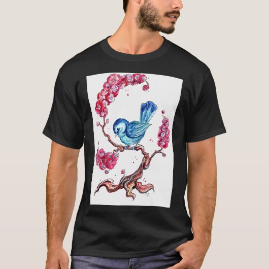 Blauer Vogel mit Kirschblüten T-Shirt (Vorderseite)