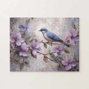 Blauer Vogel mit violetten Blumen Puzzle