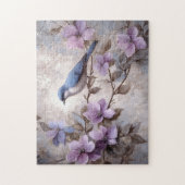 Blauer Vogel mit violetten Blumen Puzzle (Vertikal)
