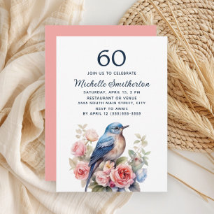 Blauer Vogel rosa Blumen 60. Geburtstag Einladung