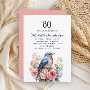 Blauer Vogel rosa Blumen 80. Geburtstag Einladung
