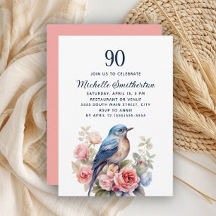 Blauer Vogel rosa Blumen 90. Geburtstag Einladung