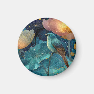Blauer Vogel sitzt zwischen leuchtenden Blumen Magnet
