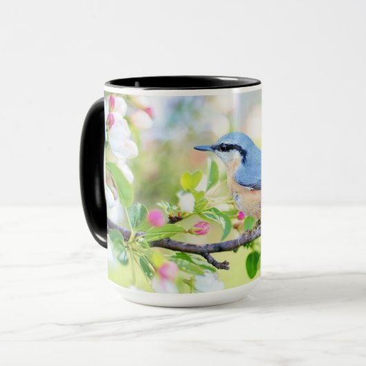 Blauer Vogel und Blüten von Apple Tasse (Vorderseite Links)