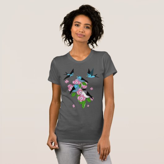 Blauer Vogel und Dogwood-Folkloreblüten/Frühlingsb T-Shirt (Vorne ganz)