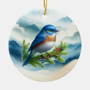 Blauer Vogel und festliche Zweige  Keramik Ornament