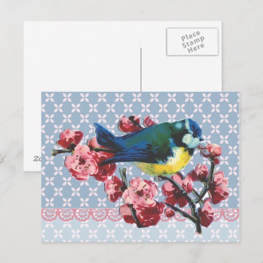 Blauer Vogel und Kirschblossom Postkarte (Vorne/Hinten)