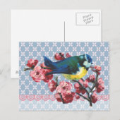 Blauer Vogel und Kirschblüte Postkarte (Vorne/Hinten)
