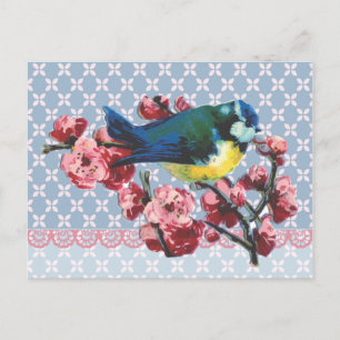 Blauer Vogel und Kirschblüte Postkarte