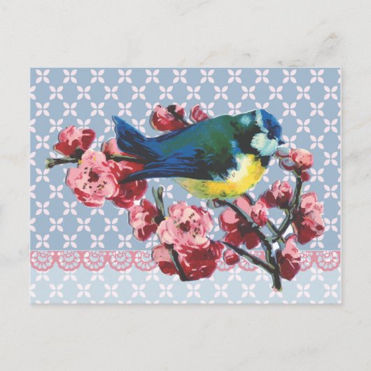 Blauer Vogel und Kirschblüte Postkarte (Vorderseite)