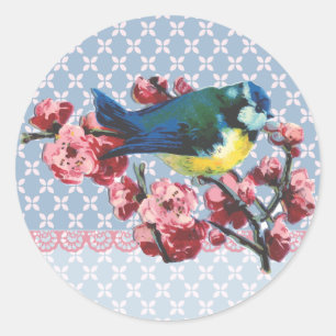 Blauer Vogel und Kirschblüte Runder Aufkleber