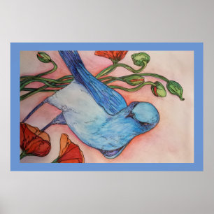 blauer Vogel und Mohnblumenplakat Poster