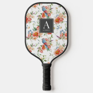 Blauer Vogel und rosa Blumenmuster Pickleball Schläger