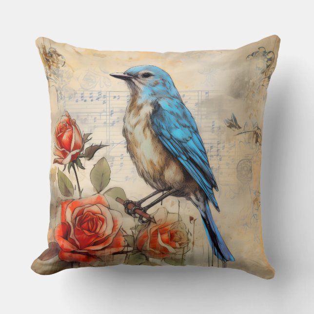 Blauer Vogel und Rose 1 Kissen (Vorderseite)