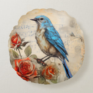 Blauer Vogel und Rose 1 Rundes Kissen