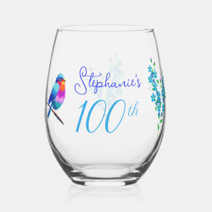 Blauer Vogel Vergissmeinnicht-Blume 100. Geburtsta Weinglas Ohne Stiel