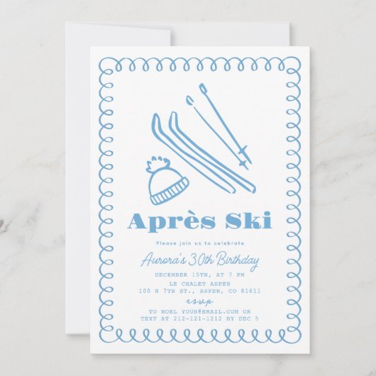Blauer, von Hand Gezeichnet Après Ski Wintererwach Einladung (Vorderseite)