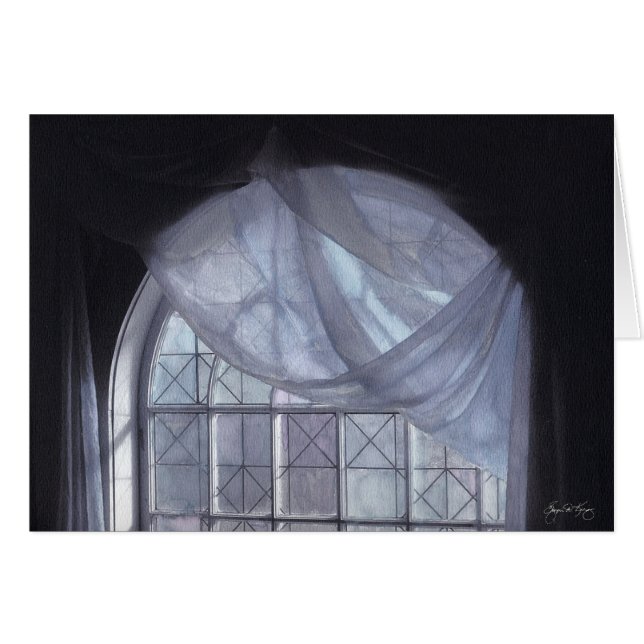 Blauer Vorhang in einem gewölbten Fenster (Vorderseite (Horizontal))